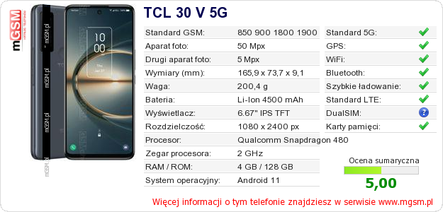 Dane telefonu TCL 30 V 5G