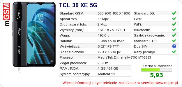Dane telefonu TCL 30 XE 5G Dane telefonu TCL 30 XE 5G