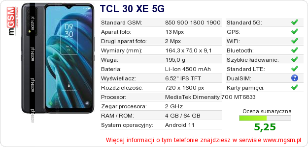 Dane telefonu TCL 30 XE 5G