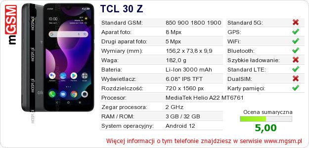 Dane telefonu TCL 30 Z