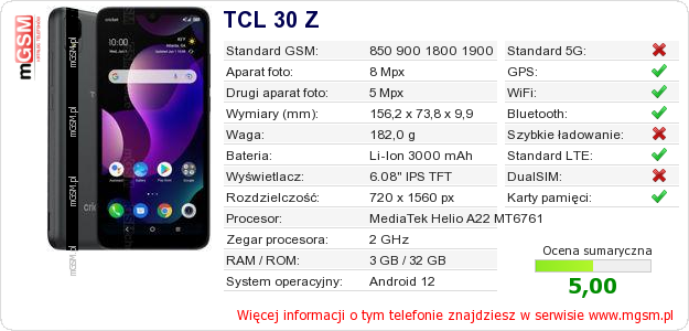 Dane telefonu TCL 30 Z Dane telefonu TCL 30 Z