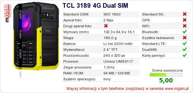 Dane telefonu TCL 3189 4G Dual SIM