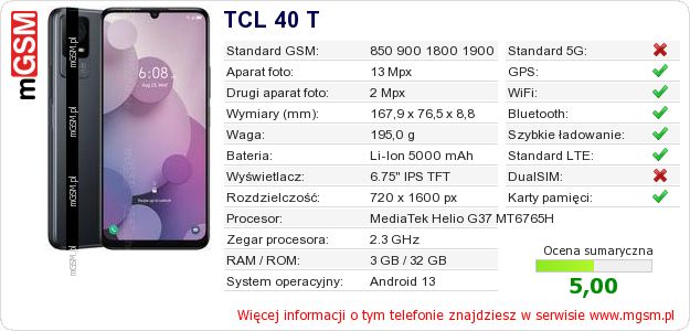 Dane telefonu TCL 40 T Dane telefonu TCL 40 T