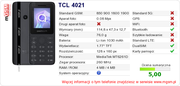 Dane telefonu TCL 4021