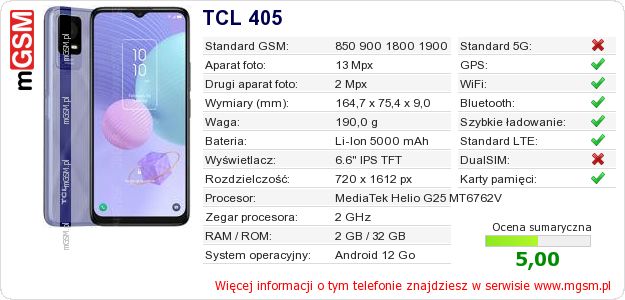 Dane telefonu TCL 405