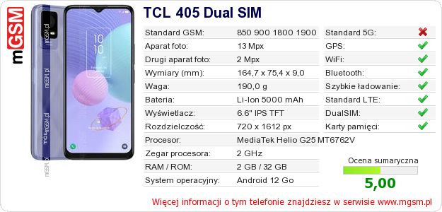 Dane telefonu TCL 405 Dual SIM