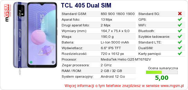 Dane telefonu TCL 405 Dual SIM Dane telefonu TCL 405 Dual SIM