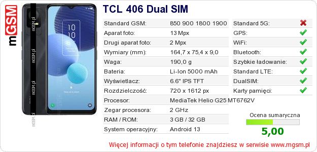 Dane telefonu TCL 406 Dual SIM Dane telefonu TCL 406 Dual SIM