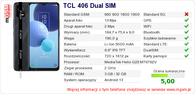 Dane telefonu TCL 406 Dual SIM Dane telefonu TCL 406 Dual SIM