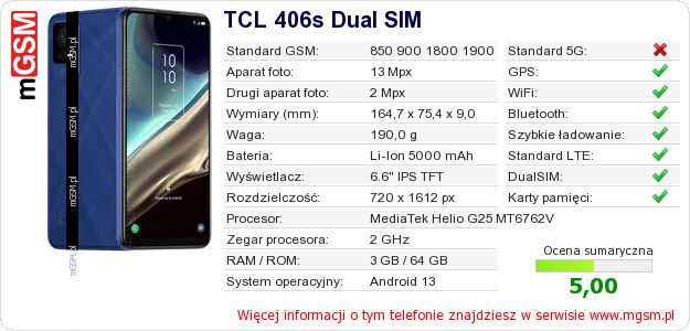 Dane telefonu TCL 406s Dual SIM