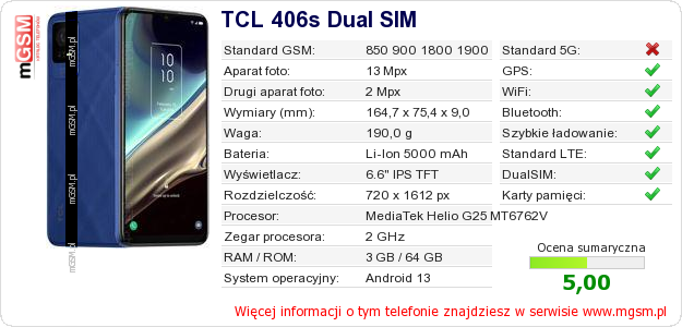 Dane telefonu TCL 406s Dual SIM