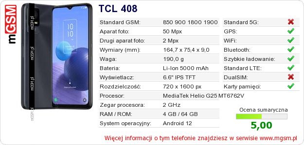 Dane telefonu TCL 408 Dane telefonu TCL 408