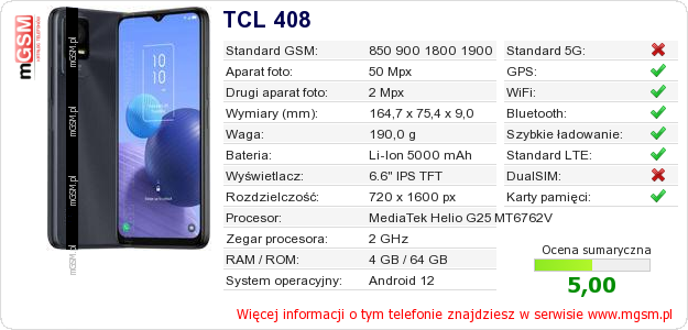 Dane telefonu TCL 408