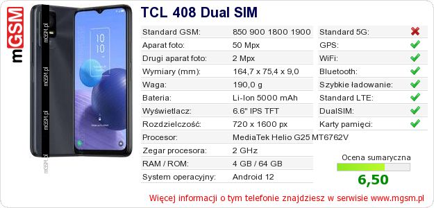 Dane telefonu TCL 408 Dual SIM Dane telefonu TCL 408 Dual SIM