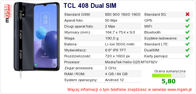 Dane telefonu TCL 408 Dual SIM