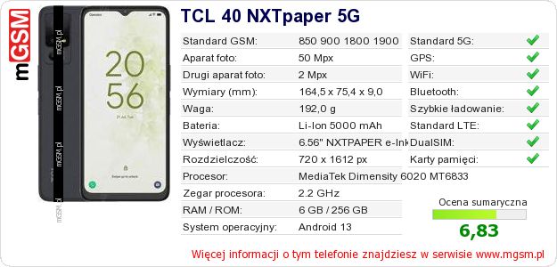 Dane telefonu TCL 40 NXTpaper 5G