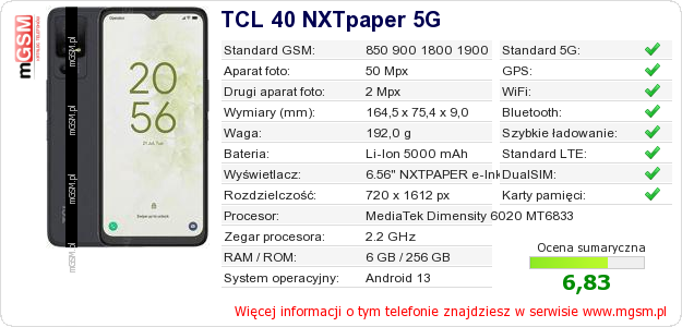 Dane telefonu TCL 40 NXTpaper 5G Dane telefonu TCL 40 NXTpaper 5G