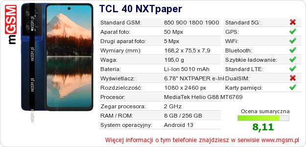 Dane telefonu TCL 40 NXTpaper Dane telefonu TCL 40 NXTpaper