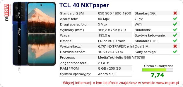 Dane telefonu TCL 40 NXTpaper