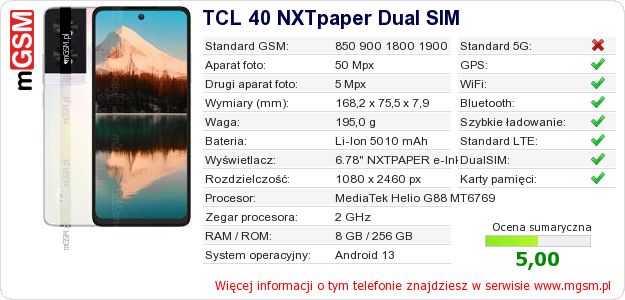 Dane telefonu TCL 40 NXTpaper Dual SIM