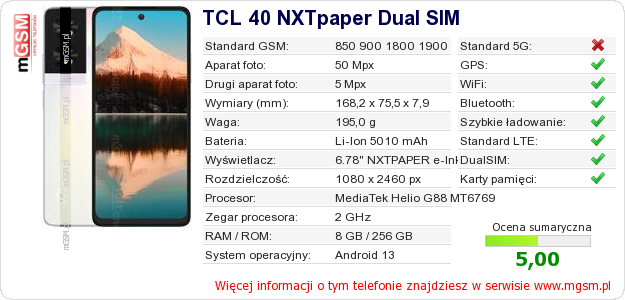 Dane telefonu TCL 40 NXTpaper Dual SIM