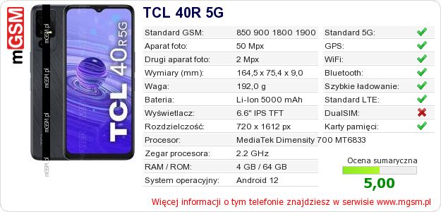 Dane telefonu TCL 40R 5G