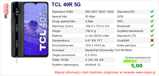 Dane telefonu TCL 40R 5G