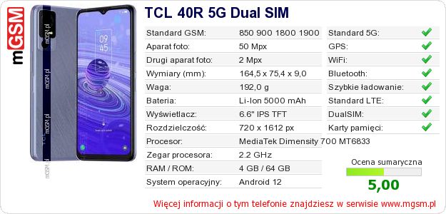 Dane telefonu TCL 40R 5G Dual SIM Dane telefonu TCL 40R 5G Dual SIM