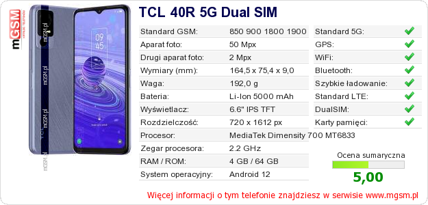 Dane telefonu TCL 40R 5G Dual SIM