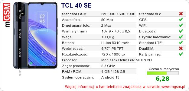 Dane telefonu TCL 40 SE