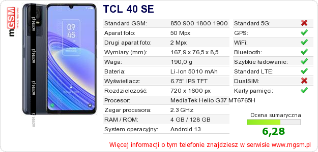 Dane telefonu TCL 40 SE