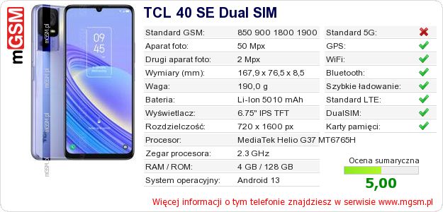 Dane telefonu TCL 40 SE Dual SIM