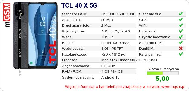 Dane telefonu TCL 40 X 5G
