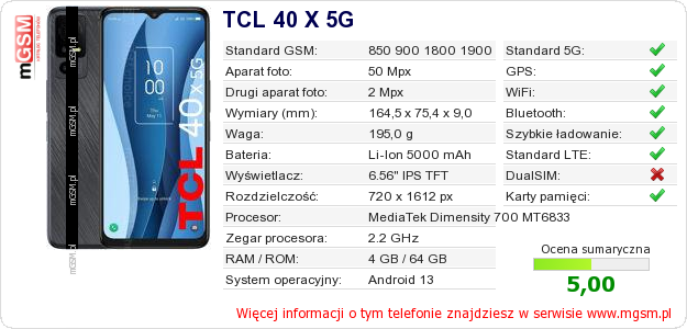 Dane telefonu TCL 40 X 5G
