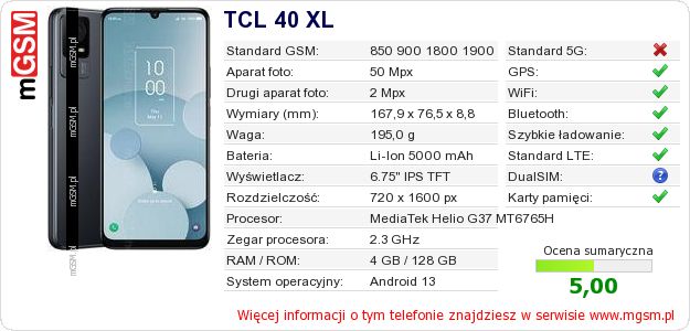 Dane telefonu TCL 40 XL Dane telefonu TCL 40 XL