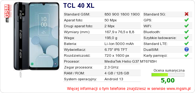 Dane telefonu TCL 40 XL
