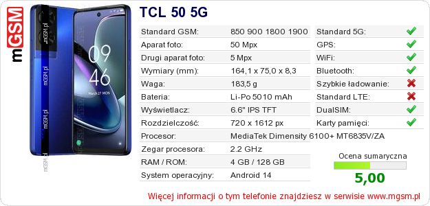 Dane telefonu TCL 50 5G Dane telefonu TCL 50 5G
