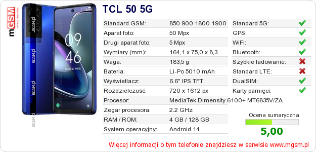 Dane telefonu TCL 50 5G