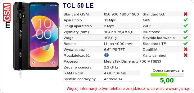 Dane telefonu TCL 50 LE