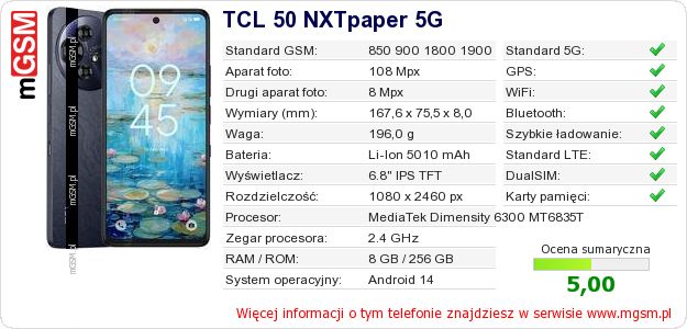 Dane telefonu TCL 50 NXTpaper 5G