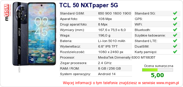 Dane telefonu TCL 50 NXTpaper 5G