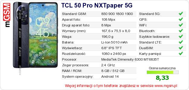 Dane telefonu TCL 50 Pro NXTpaper 5G Dane telefonu TCL 50 Pro NXTpaper 5G