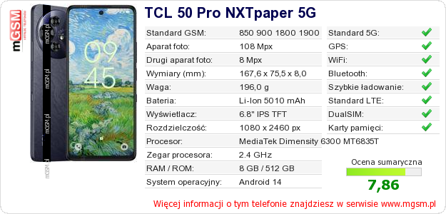 Dane telefonu TCL 50 Pro NXTpaper 5G