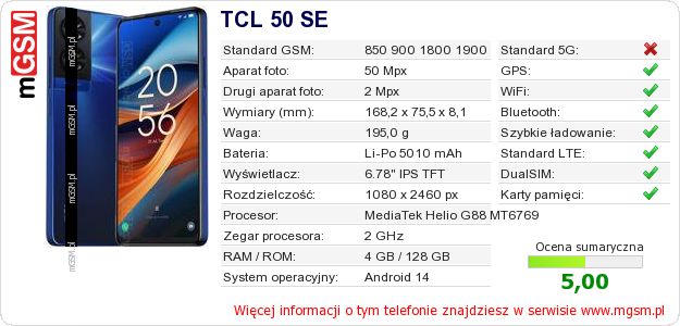 Dane telefonu TCL 50 SE