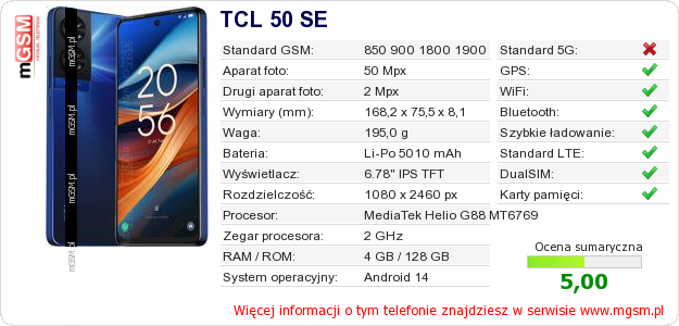 Dane telefonu TCL 50 SE