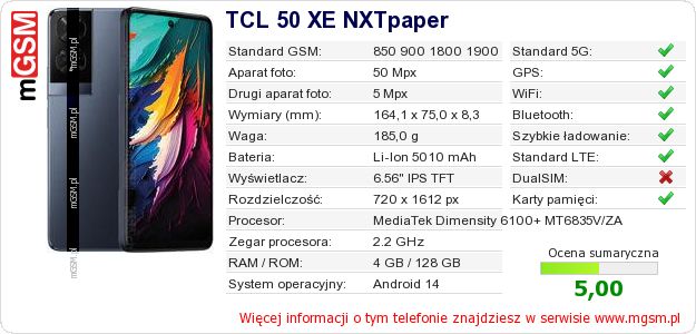 Dane telefonu TCL 50 XE NXTpaper