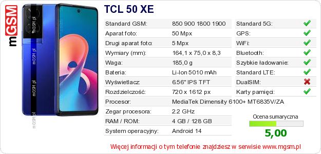 Dane telefonu TCL 50 XE