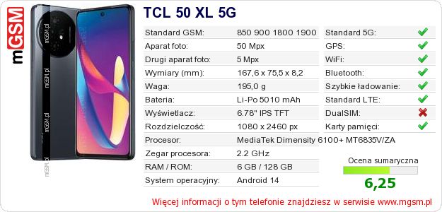 Dane telefonu TCL 50 XL 5G