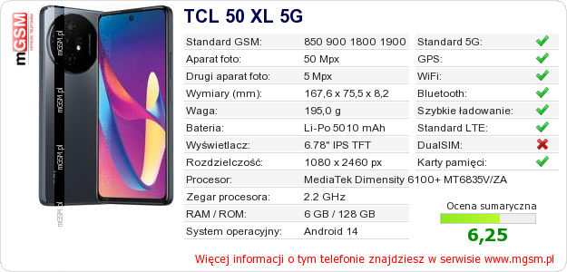 Dane telefonu TCL 50 XL 5G
