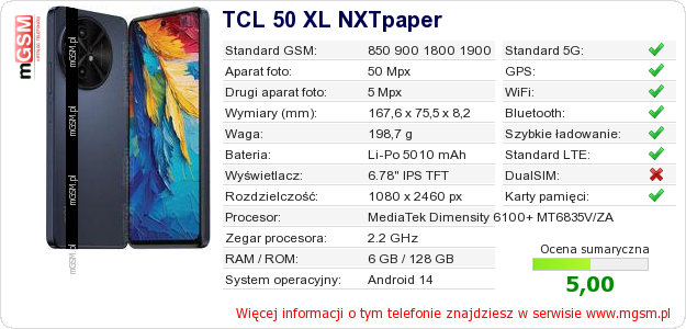 Dane telefonu TCL 50 XL NXTpaper